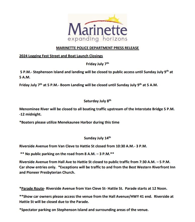 2024 Logging Fest Street and Boat Launch Closings